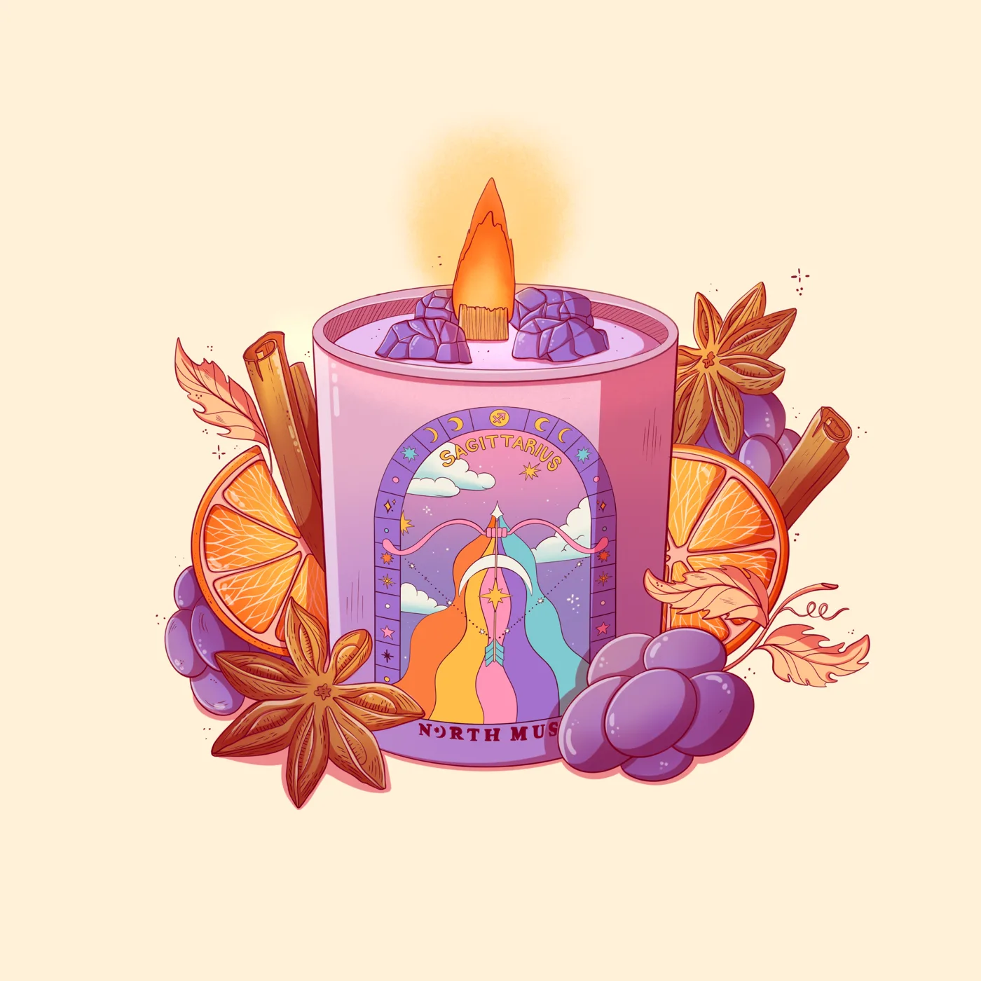 Concept candle label, a Sagittarius candle with oranges, grapes and spices — illustration by Lizy Del Busto